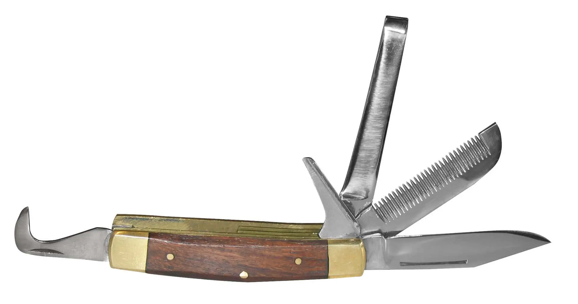 Ryttarkniv för flera ändamål med trähandtag