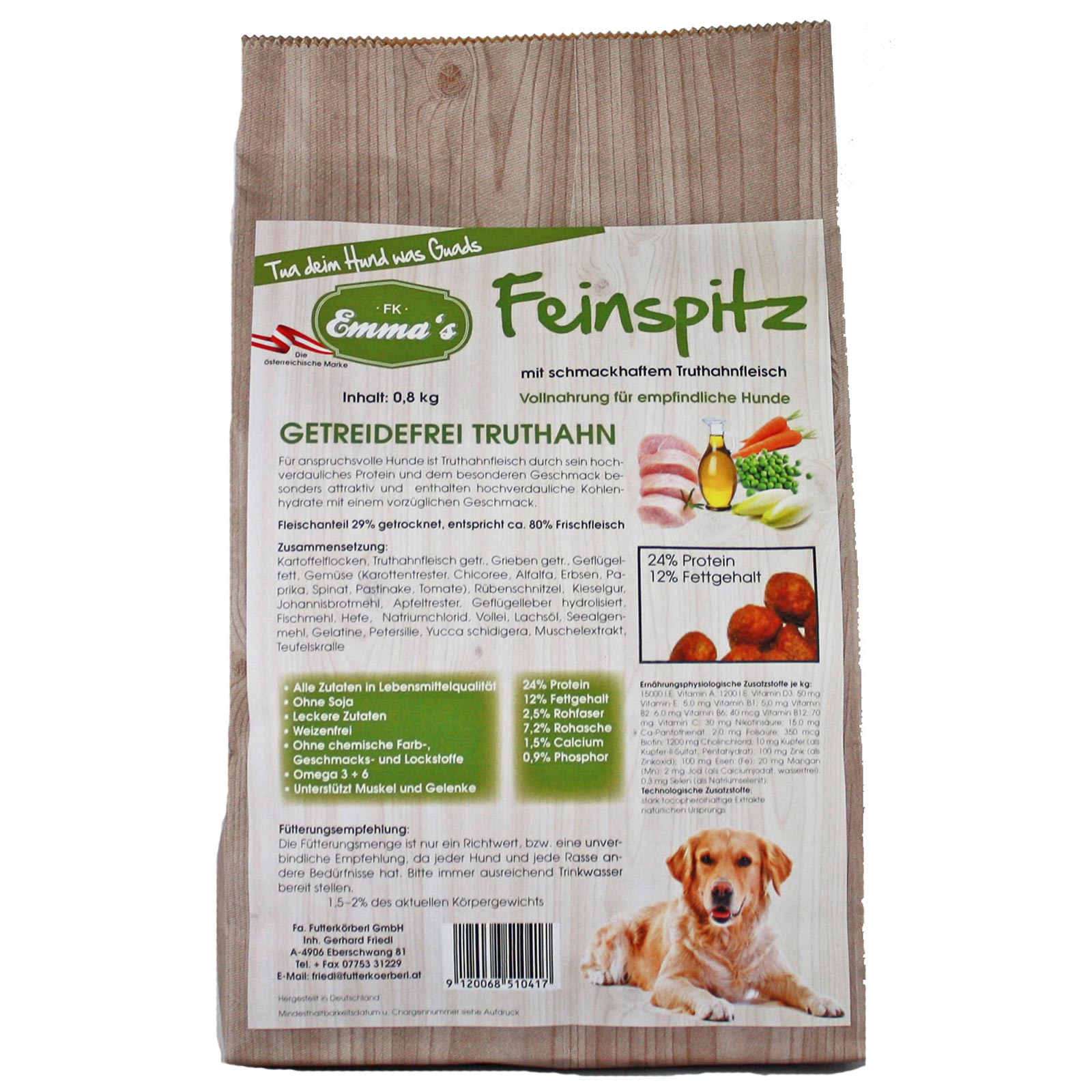 Emmas Hundfoder Feinspitz kalkon spannmålsfritt 0,8 kg